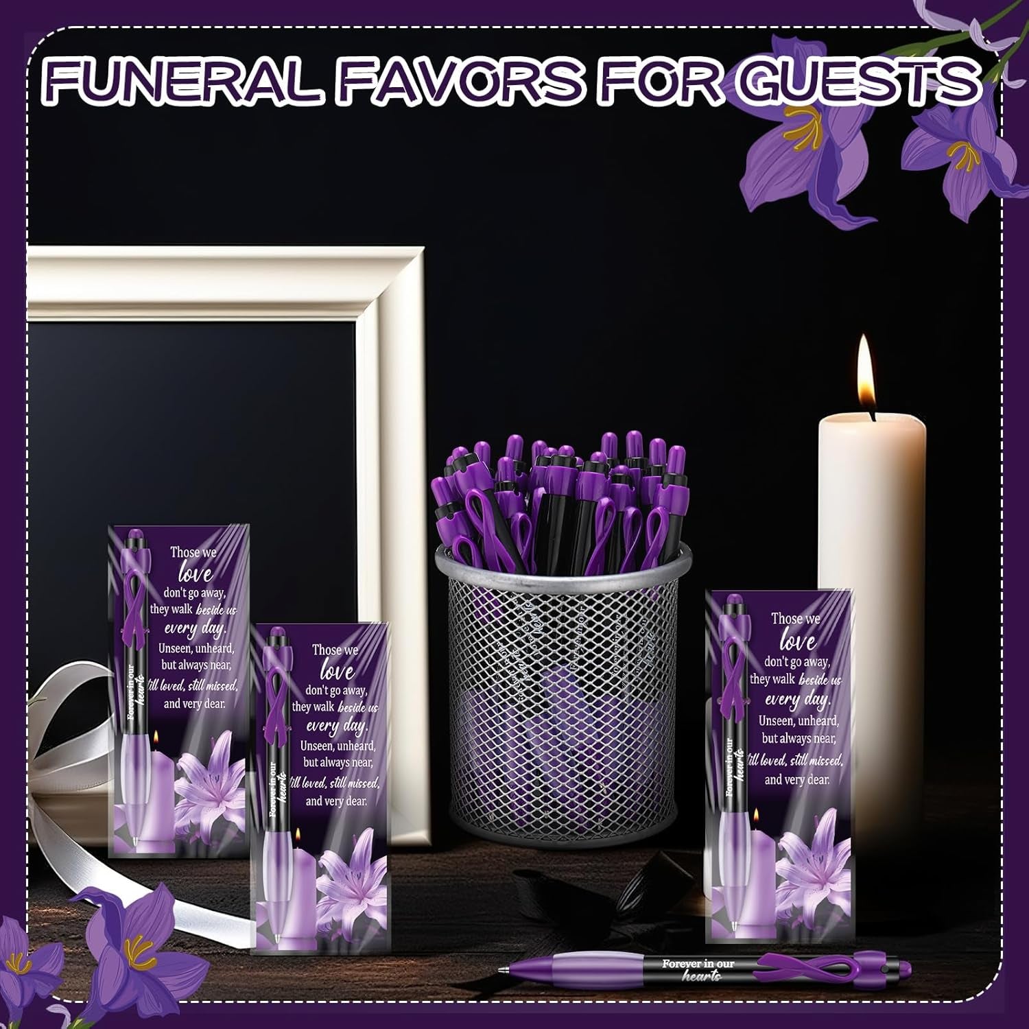 60 Set Memorial Funeral Favor for Guest Thank You Set - 60 Funeral Ballpoints and Prayer Cards, 100 Bags & Twist Ties, Sympathy Gift for a Memorial Service Purple Ribbon Awareness(Purple)