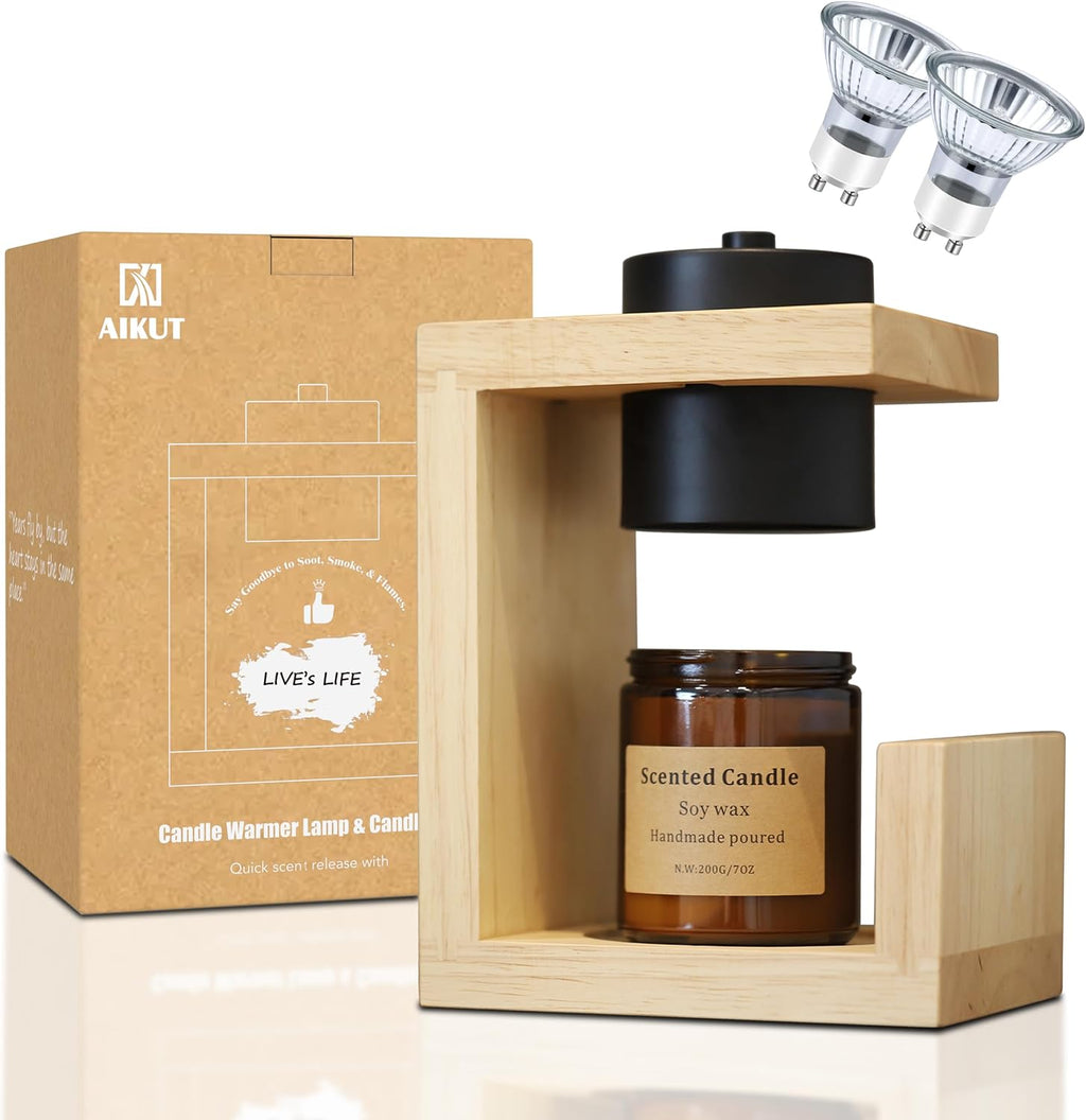 Candle Warmer Lamp, with 2 Bulbs,Timer & Dimmer,Simple Natural Wood,Compatible up to 4.5 Inch Candles,For Home Scented and Décor，110-120V (Wood)