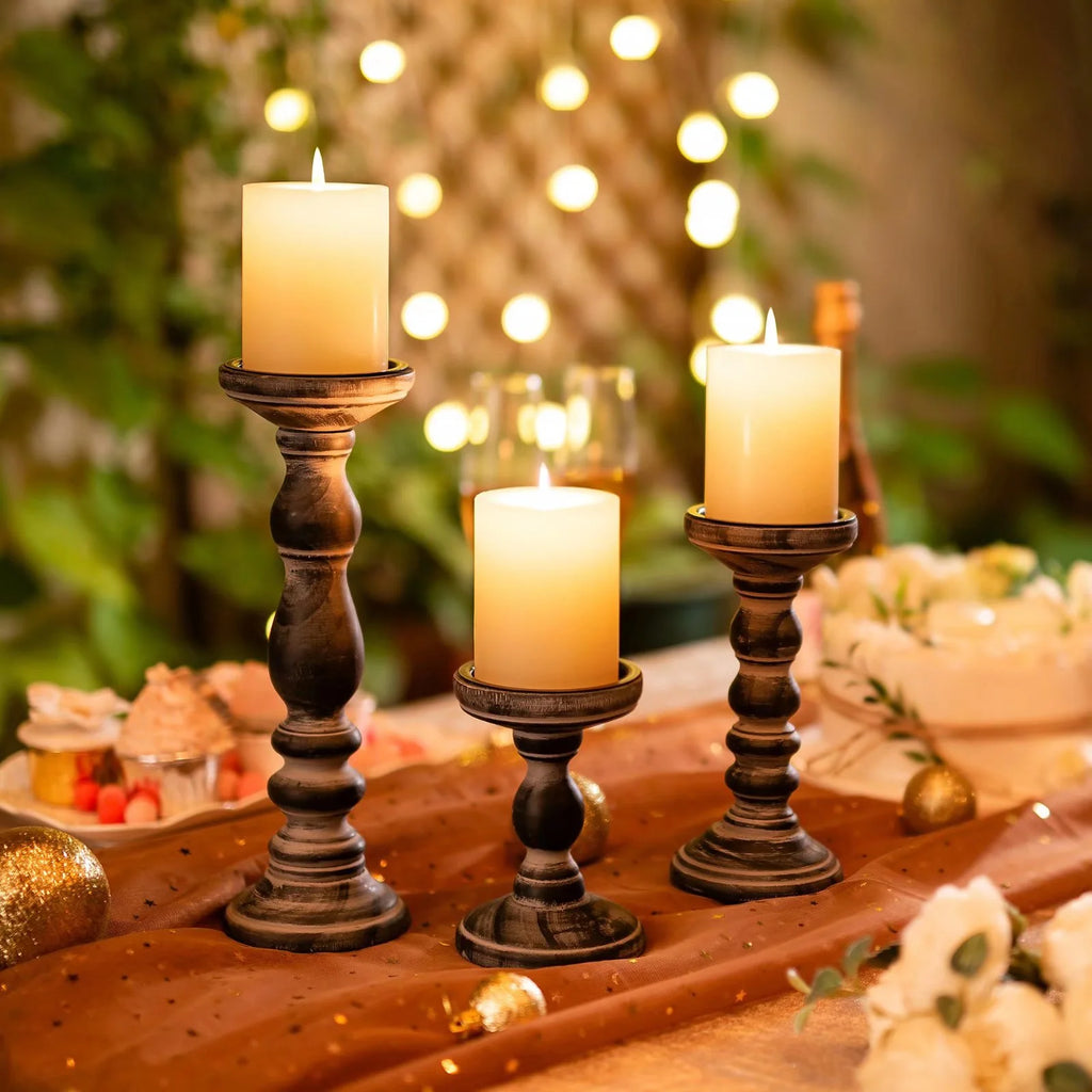 Farmhouse Candle Holders for Pillar Candles， Rustic Wooden Pillar Candles Holder Set of 3 Tall Table Centerpiece Decor Fireplace Mantle（Black）