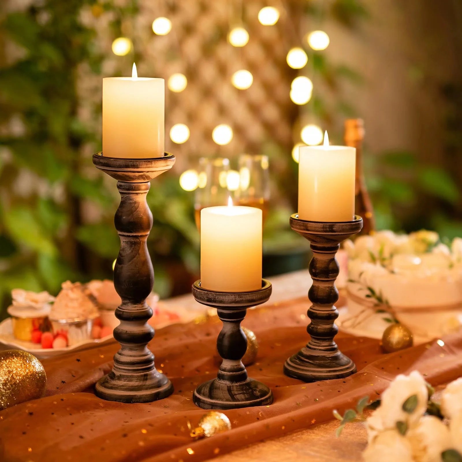 Farmhouse Candle Holders for Pillar Candles， Rustic Wooden Pillar Candles Holder Set of 3 Tall Table Centerpiece Decor Fireplace Mantle（Black）