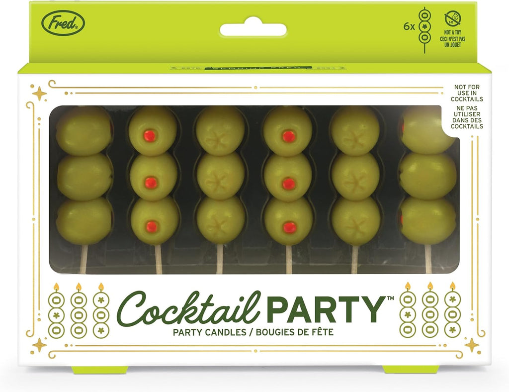 Cocktail Party Olive Birthday Candles – Set of 6 Martini Olive Celebration Candles with Wooden Picks – Fun Decoration for Parties, Birthdays, and Happy Hour
