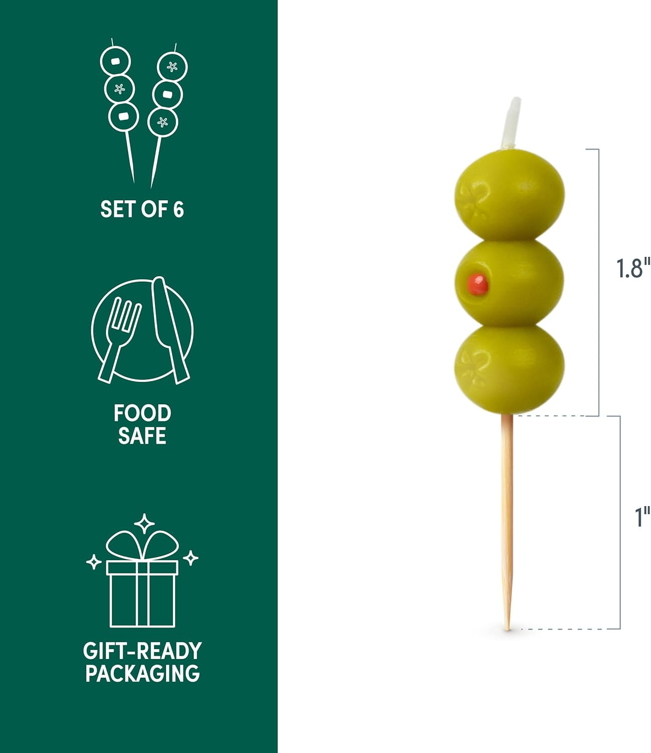 Cocktail Party Olive Birthday Candles – Set of 6 Martini Olive Celebration Candles with Wooden Picks – Fun Decoration for Parties, Birthdays, and Happy Hour
