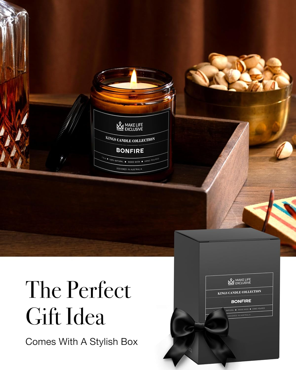 Scented Candles for Men | Bonfire, Mahogany & Teakwood Scented | Wooden Wick, Long Lasting, Masculine Scents | Natural Soy Jar Candle for Home, Bachelor Pad Decor | the Perfect Mens Gift.
