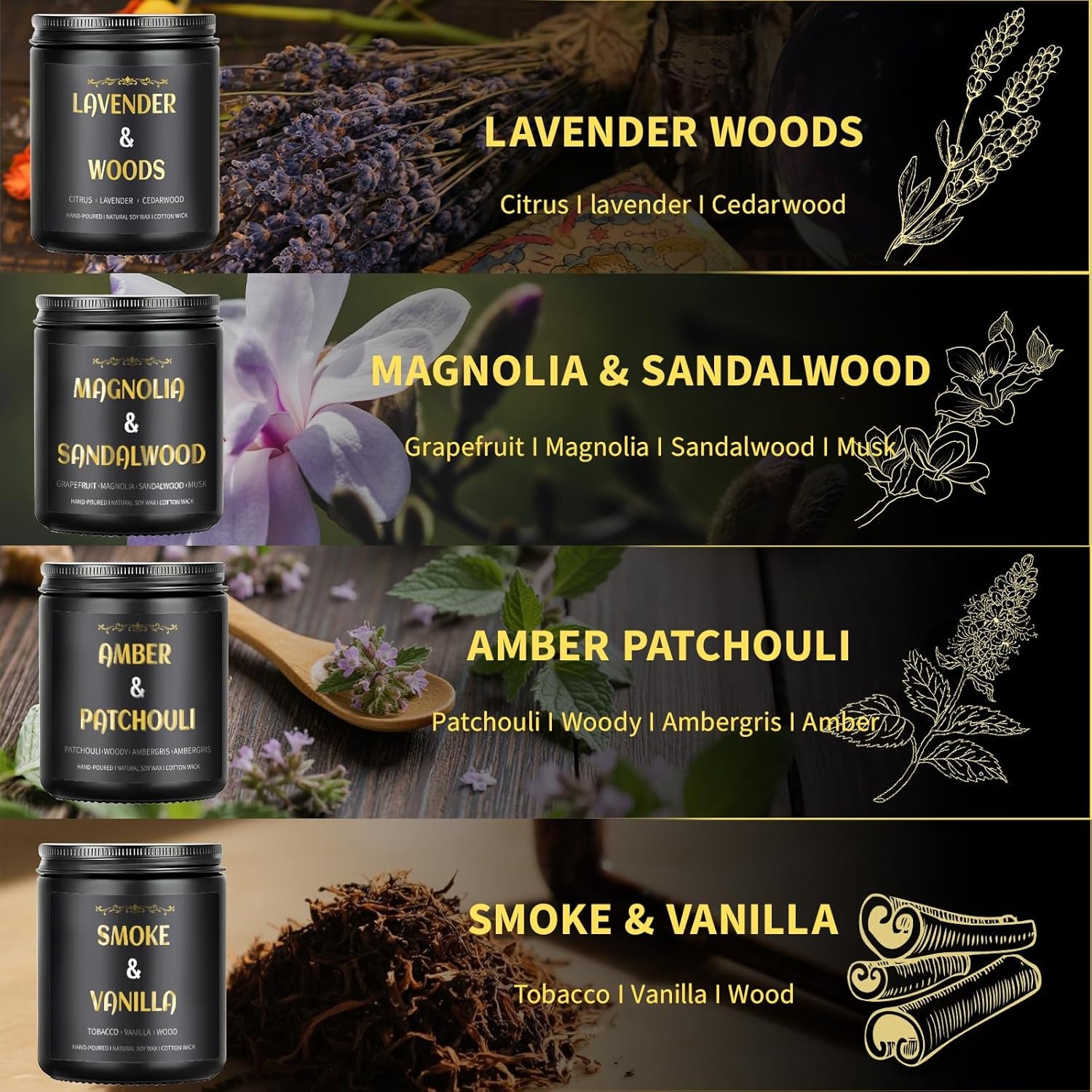 Scented Candles for Men, 4 Pack Mens Candle Gift Set, Relaxation Candles for Home Scented, 28Oz Soy Wax Aromatherapy Candles of Lavender/Patchouli/Sandalwood/Smoke & Vanilla