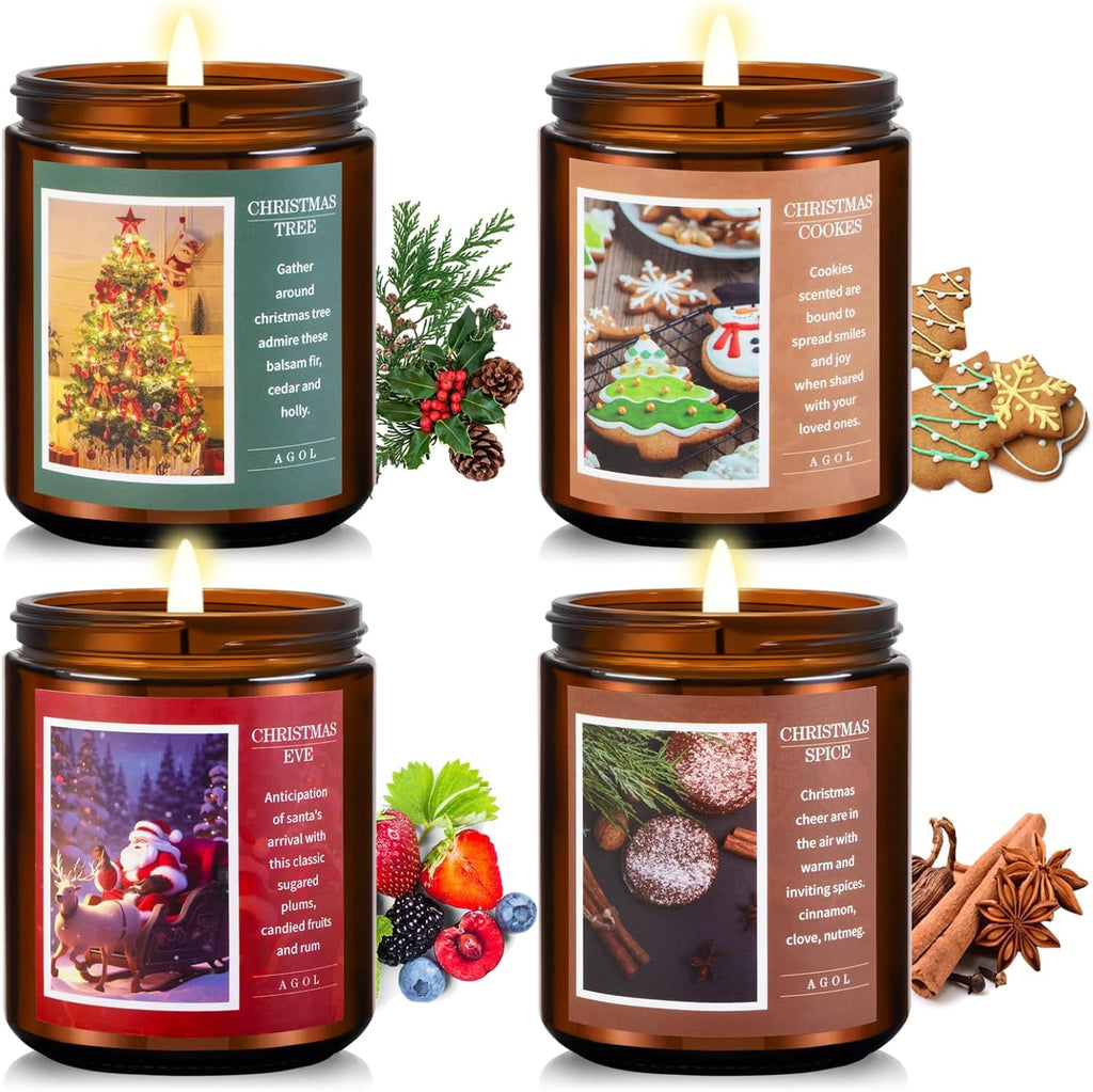 4 Pack New Year'S, Christmas Candles, Exquisite Christmas Scented Candles Set, Amber Jar Natural Soy Candle Sets, Christmas Candle Gift Sets for Women Men Spa, Sleep, Yoga, Read