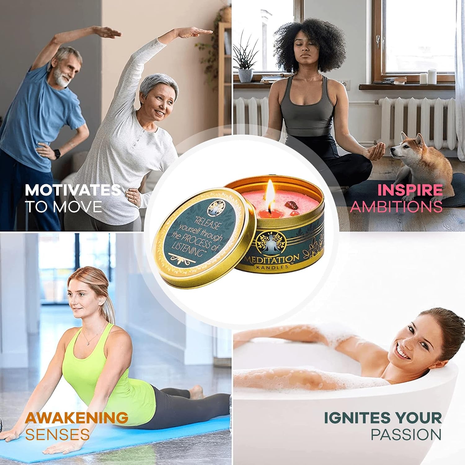Meditation Candles with Crystals | Natural Aromatherapy Candles for Relaxation & Healing | Stress Relief Candles for Yoga, Meditation & Self Care | 5Oz Each 4 Pack Gift Set