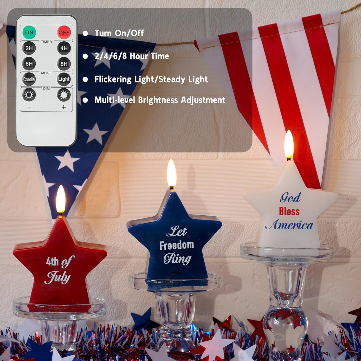 4Th of July Star Shaped Flameless Candles with Remote and Timer, Real Wax Red White and Blue LED Candles, 250Th Anniversary Patriotic Battery Operated Fourth of July Decor Set