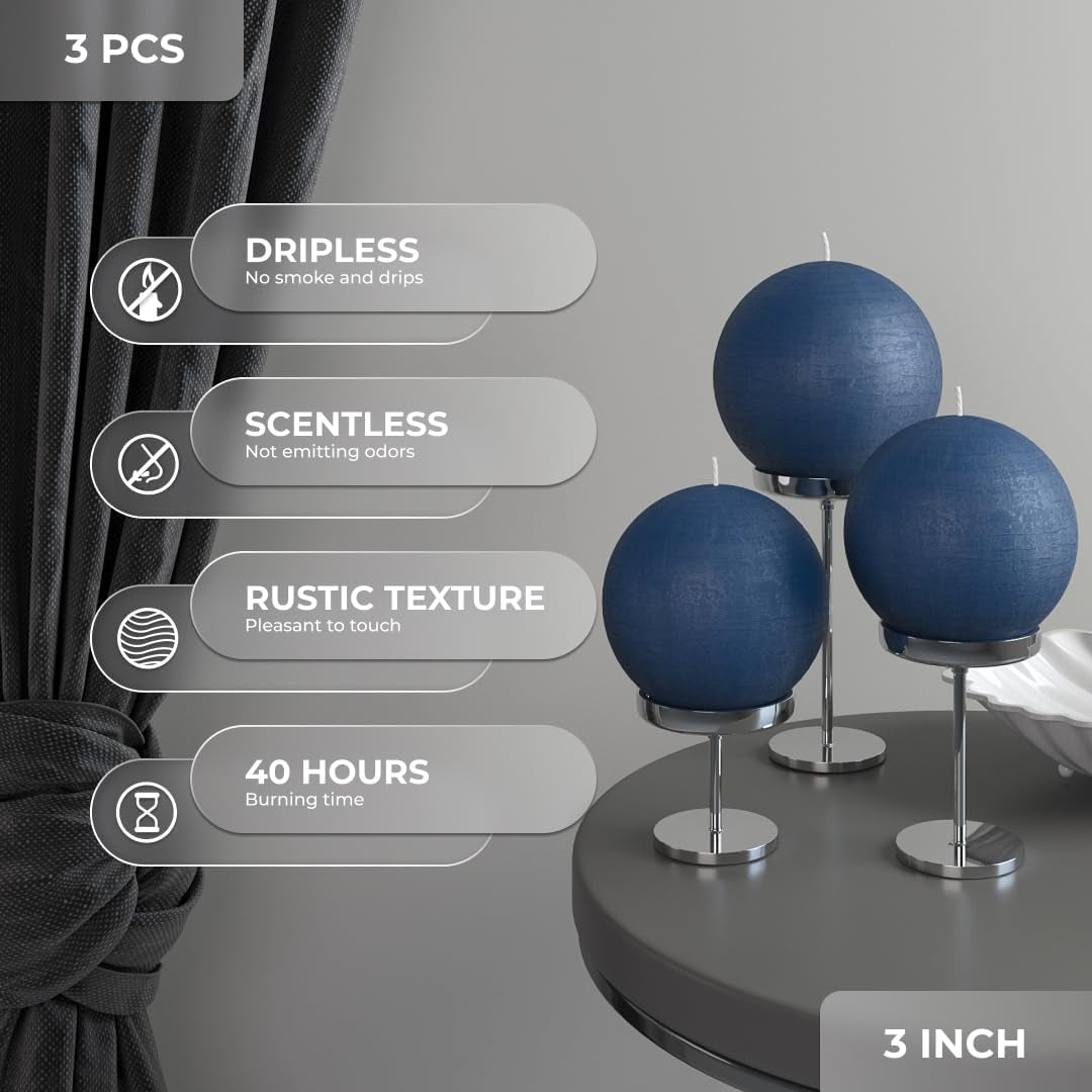 Set of 3 round Candles Ball 3 Inch - Royal Blue Spheres - Perfect as Wedding Decor and as Spheres for Home Decor - Long Burning Unscented Smokeless Dripless Navy Blue Candles