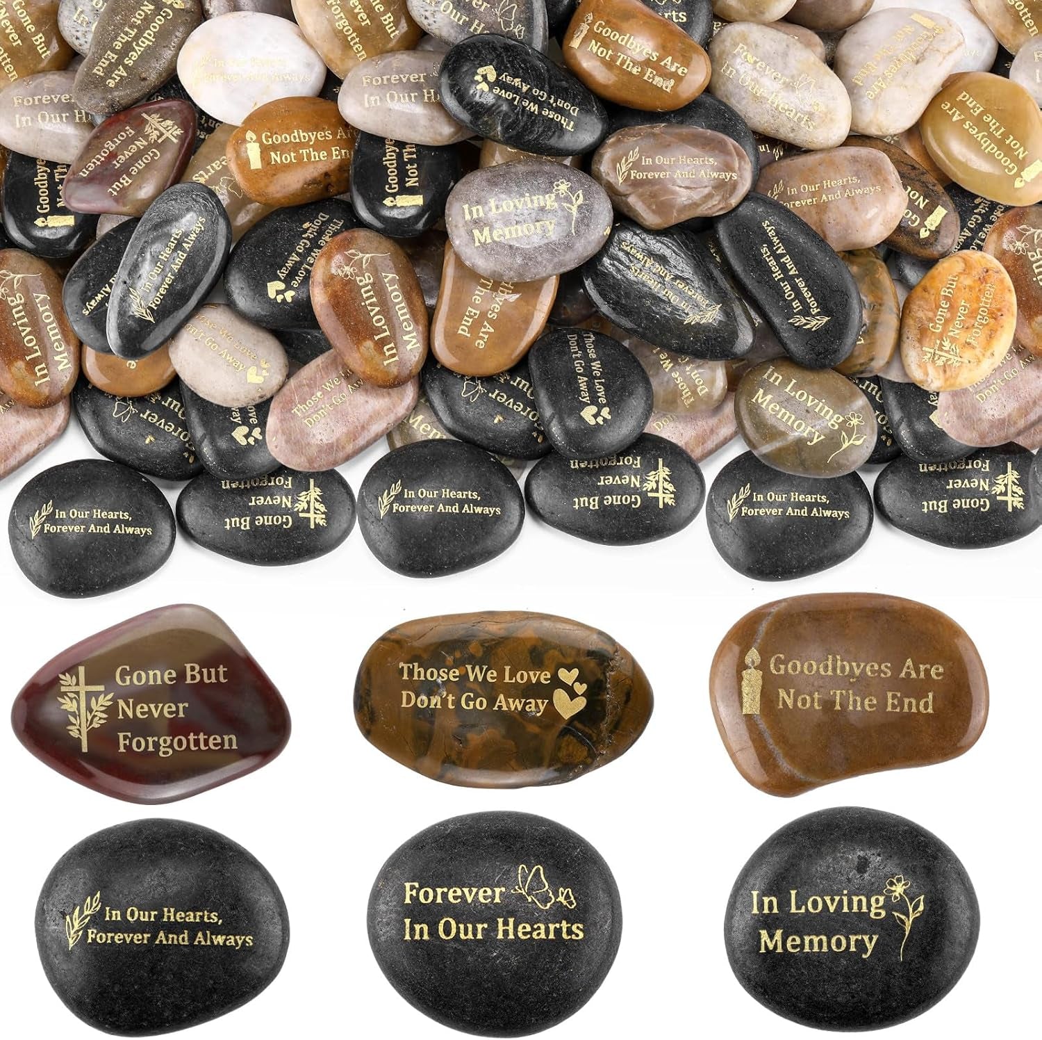 30 Pcs Memorial Stone 1.97 Inch Celebration of Life Favor Inspirational River Rock Engraved in Loving Memory Funeral Favor Decoration for Fathers Day Gift (Deep Color,Classic Style)