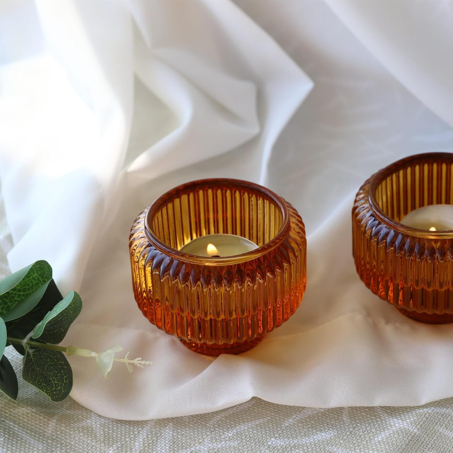 Candlestick Holders Set of 4, Amber Votive Candle Holders for Fall Wedding Table Centerpiece, Ribbed Glass Taper Candle Holders for Dinner Party Halloween Thanksgiving Decor