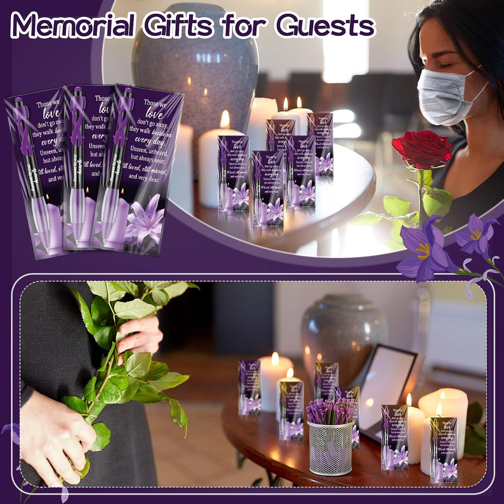 60 Set Memorial Funeral Favor for Guest Thank You Set - 60 Funeral Ballpoints and Prayer Cards, 100 Bags & Twist Ties, Sympathy Gift for a Memorial Service Purple Ribbon Awareness(Purple)