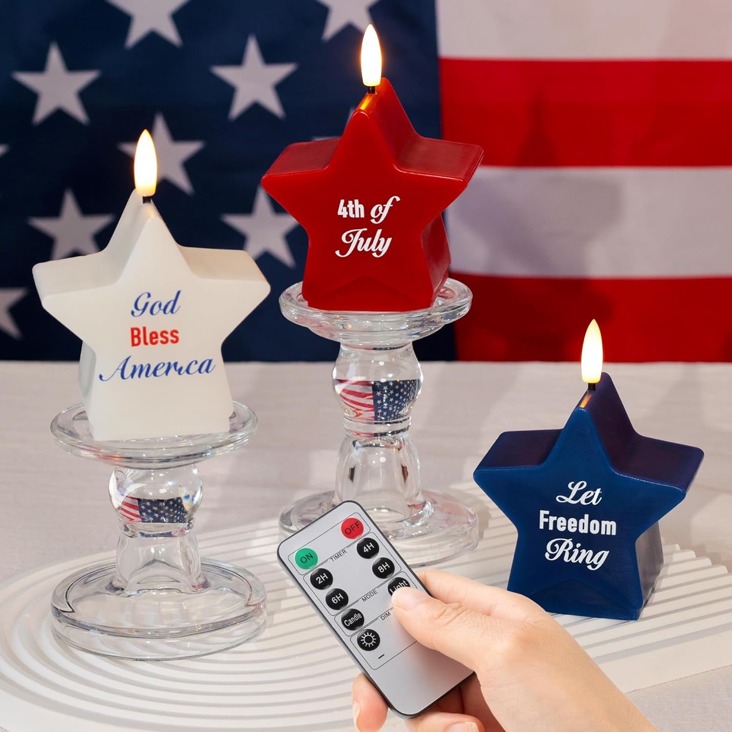 4Th of July Star Shaped Flameless Candles with Remote and Timer, Real Wax Red White and Blue LED Candles, 250Th Anniversary Patriotic Battery Operated Fourth of July Decor Set