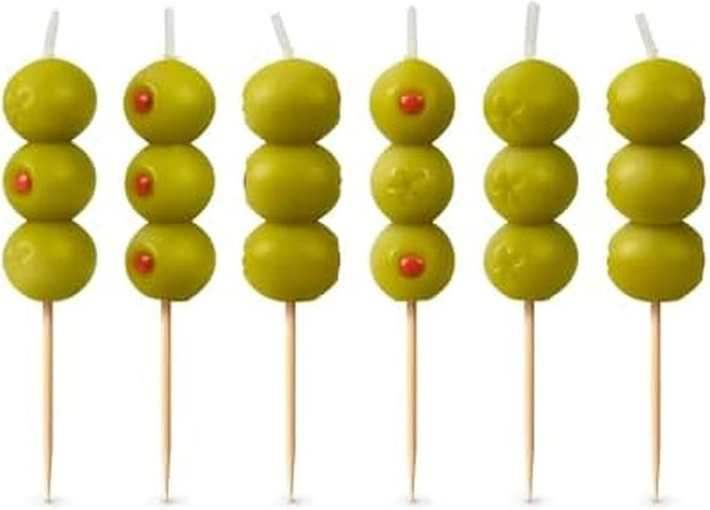 Cocktail Party Olive Birthday Candles – Set of 6 Martini Olive Celebration Candles with Wooden Picks – Fun Decoration for Parties, Birthdays, and Happy Hour