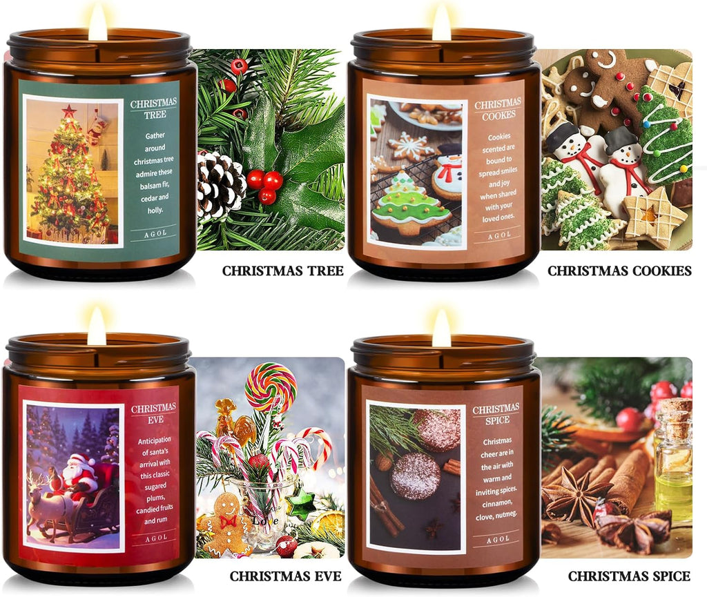 4 Pack New Year'S, Christmas Candles, Exquisite Christmas Scented Candles Set, Amber Jar Natural Soy Candle Sets, Christmas Candle Gift Sets for Women Men Spa, Sleep, Yoga, Read