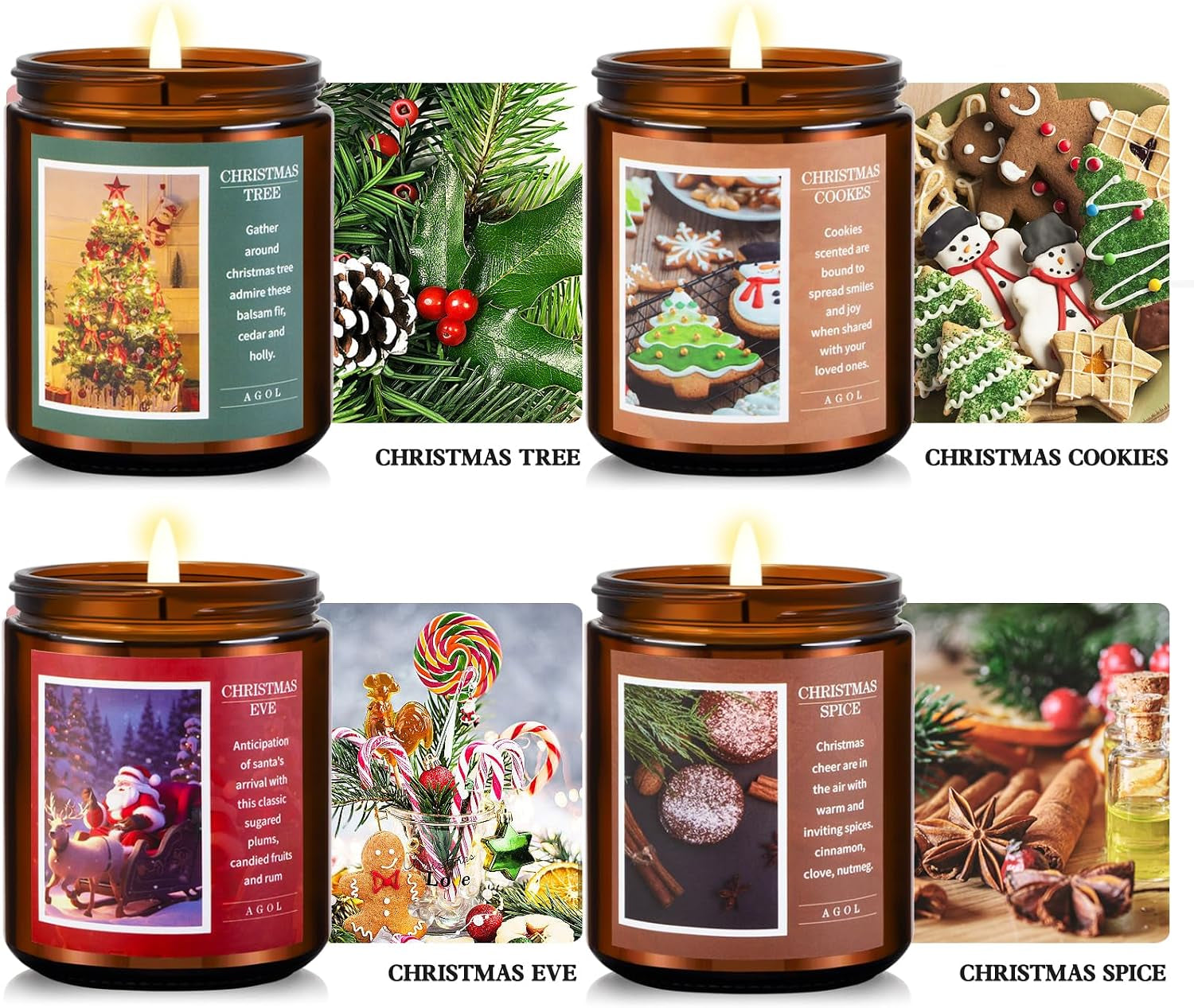 4 Pack New Year'S, Christmas Candles, Exquisite Christmas Scented Candles Set, Amber Jar Natural Soy Candle Sets, Christmas Candle Gift Sets for Women Men Spa, Sleep, Yoga, Read