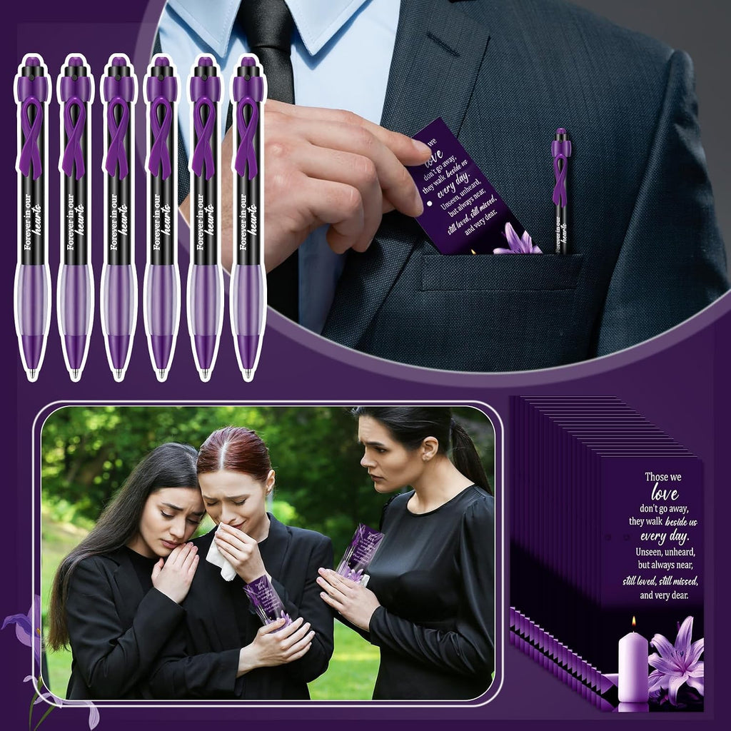 60 Set Memorial Funeral Favor for Guest Thank You Set - 60 Funeral Ballpoints and Prayer Cards, 100 Bags & Twist Ties, Sympathy Gift for a Memorial Service Purple Ribbon Awareness(Purple)