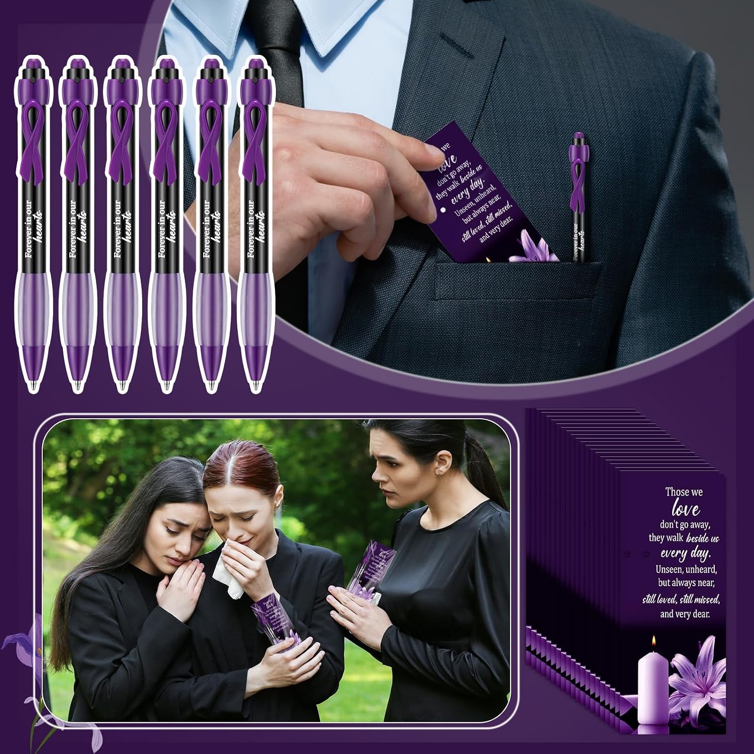 60 Set Memorial Funeral Favor for Guest Thank You Set - 60 Funeral Ballpoints and Prayer Cards, 100 Bags & Twist Ties, Sympathy Gift for a Memorial Service Purple Ribbon Awareness(Purple)