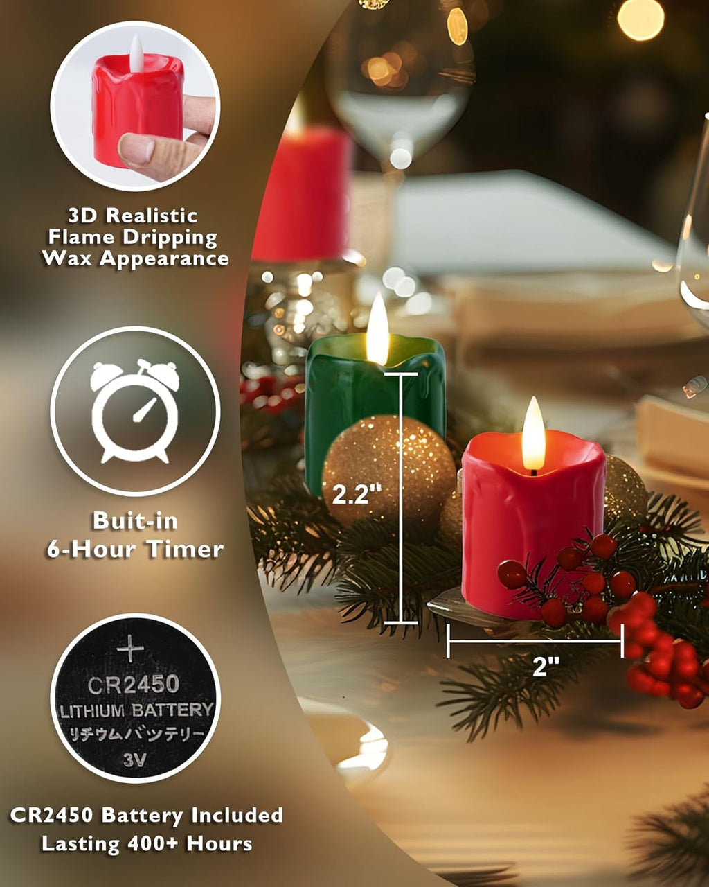 2" X 2" Green & Red Timer Flickering Flameless Candles, 400+ Hour Battery Operated Votive Candles, 6Pack 3D Wick Electric Fake Candles for Party, Christmas, Halloween and Festival Celebration