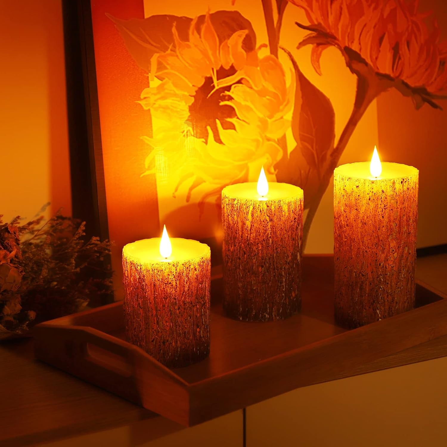 Flameless Candles Battery Operated Pillar Pine Effect Real Wax Flickering 3D Wick Electric LED Decorative Candle Sets with Remote Control Cycling 24 Hours Timer, 4" 5" 6" Pack of 3