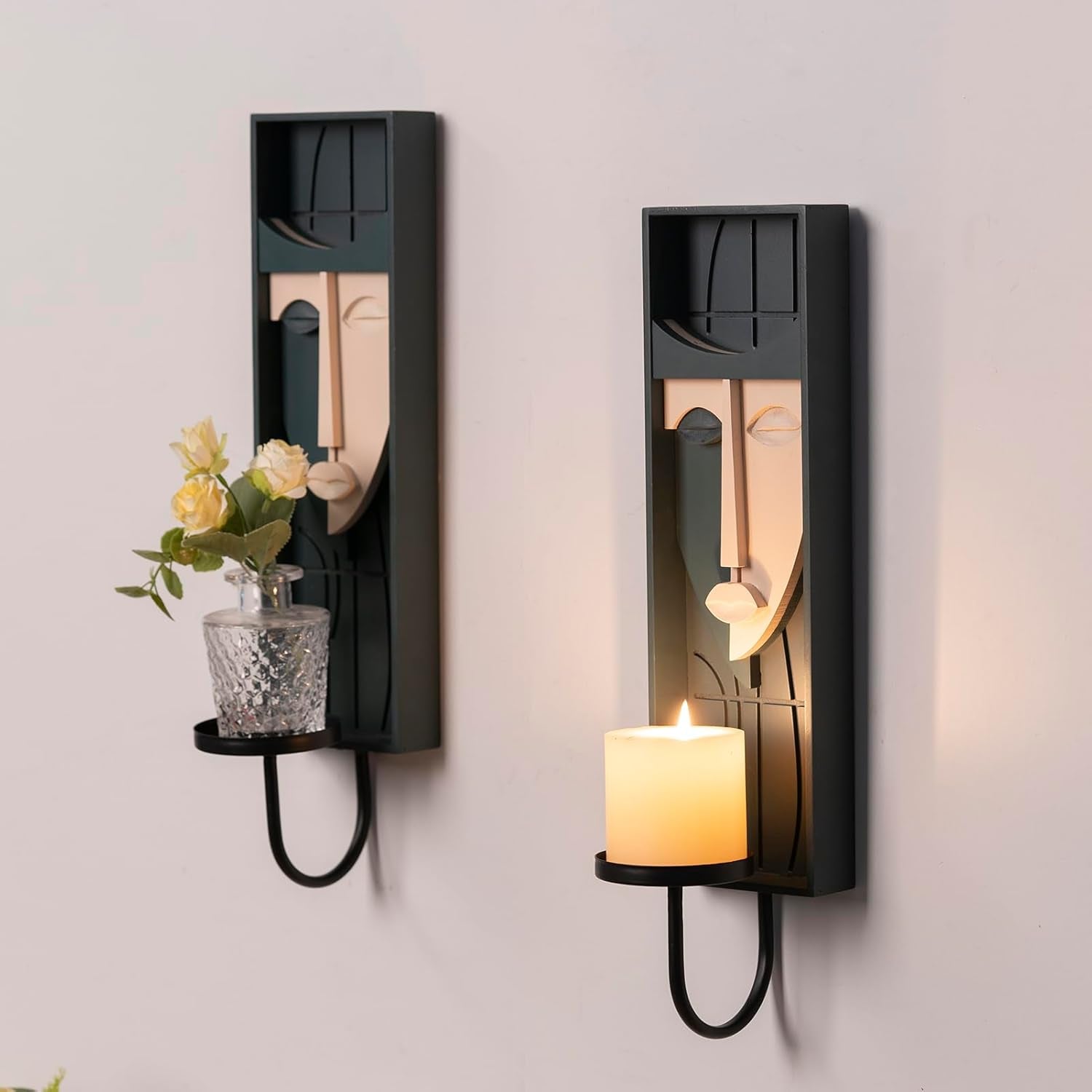 Set of 2 Boho Wall Decor, Modern Abstract Face Candle Sconces, Artistic Sculptural Design, 17.7 X 4.33 X 5.1 Inches, Blackish Green
