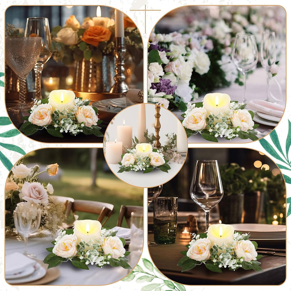 16 Set Rose Candle Rings Wreaths 3 Inch Center with Flameless LED Candles Artificial Rose Light Garland Fake Electric Votive Tealights Bulk Funeral Wedding Table Centerpieces Decor(Champagne)