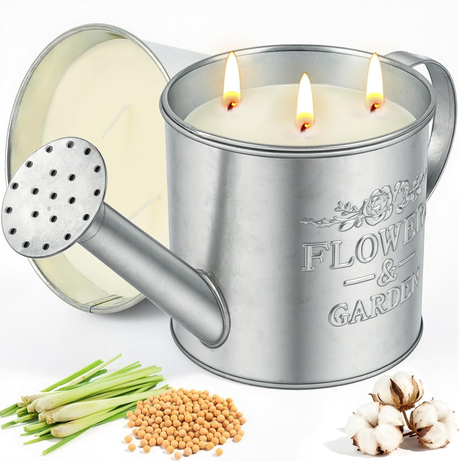 Citronella Candles Outdoor,20Oz Large 3-Wick Citronella Candle for Outside,Natural Soy Wax Candle for Patio,Yard,Home Decor,Backyard & Camping,Lemongrass Candles & Watering & Planting 3 in 1