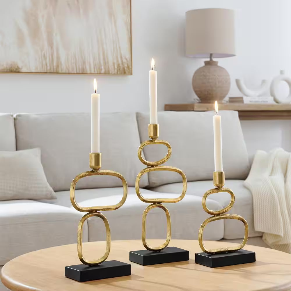 Eduardo Midcentury Modern Geometric Sculpted Gold and Black Candlestick Candle Holders - Set of 3