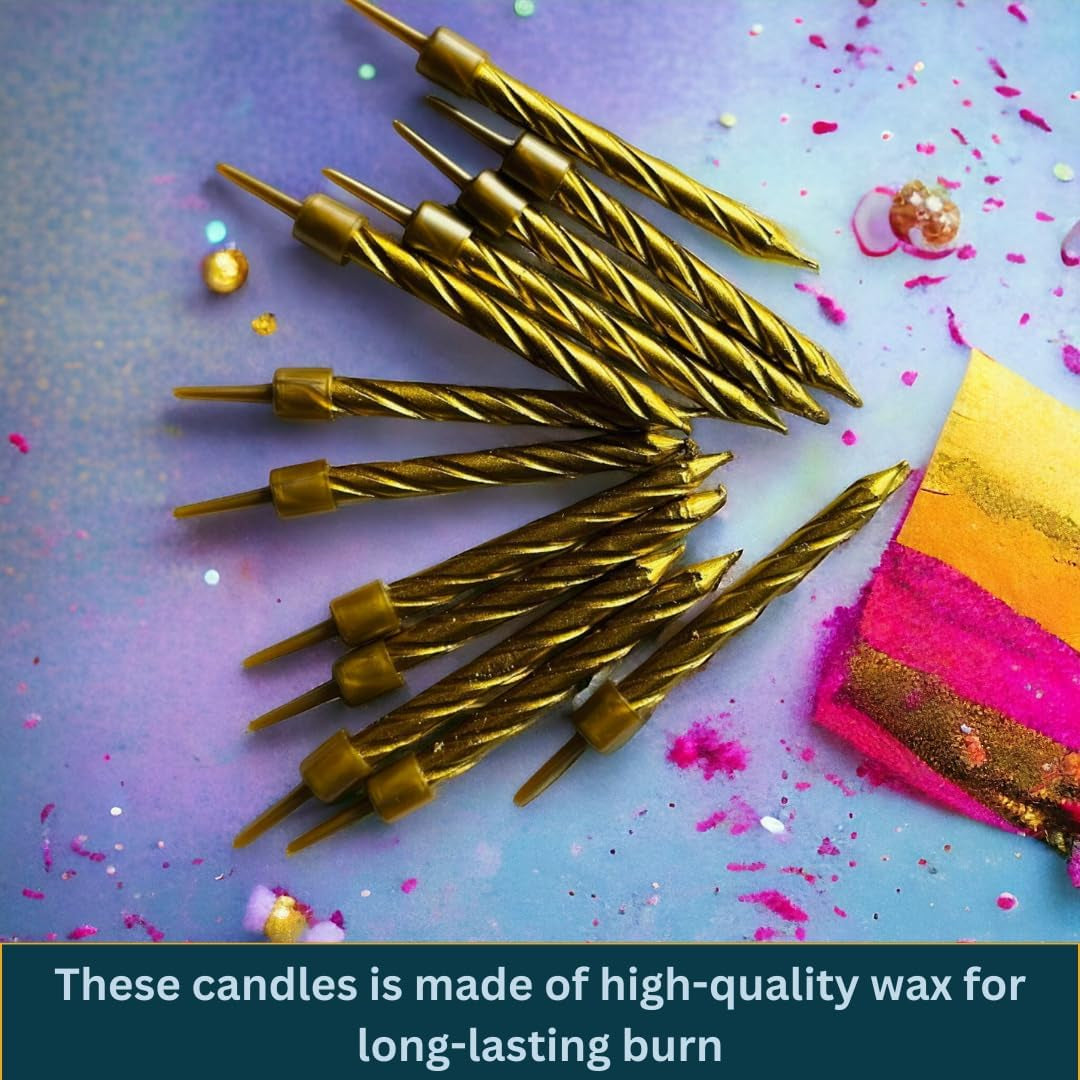 Birthday Candles, Gold Birthday Candles for Cakes, Pack of 12 Party Spiral Candles with Gold Candle Holders, Candles for Wedding, Birthday, Party Decorations, Anniversary and Meetups