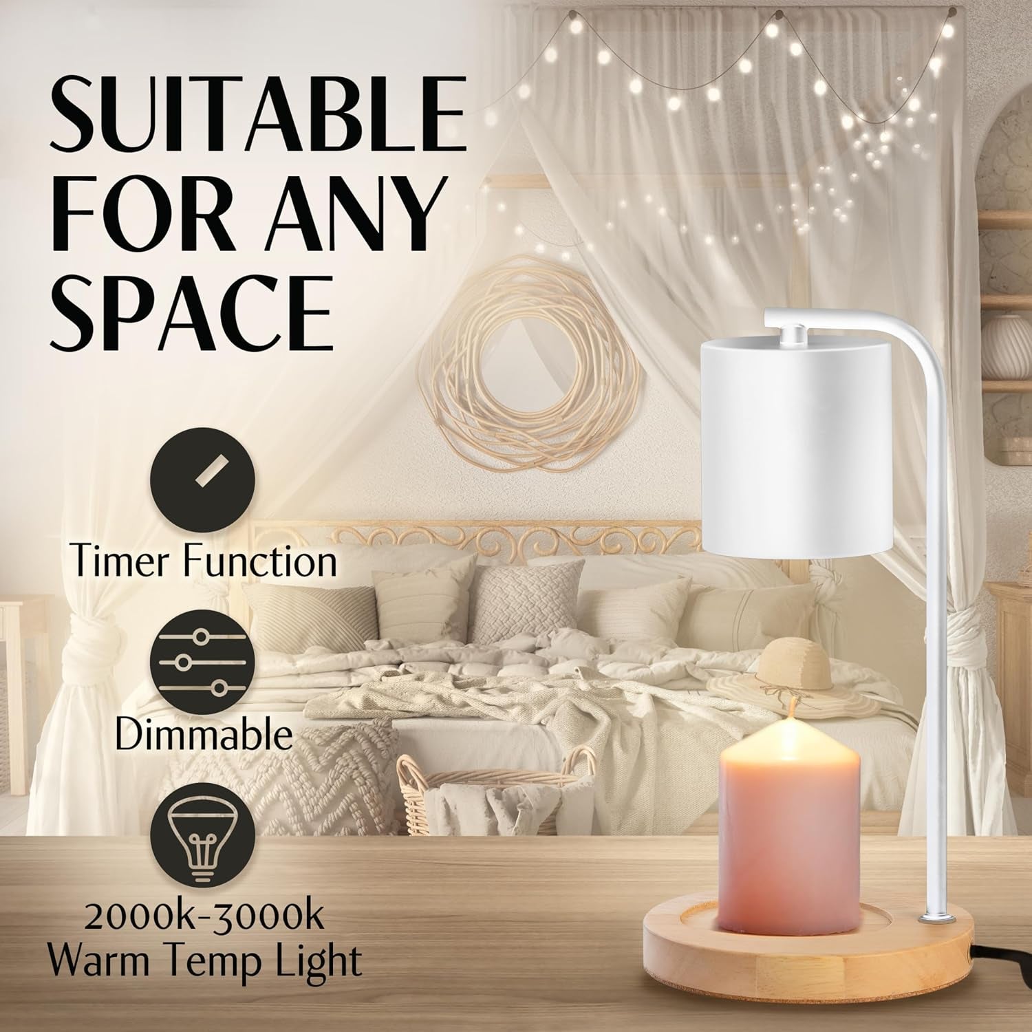 Candle Warmer Lamp with Timer and Dimmer & Includes 2 Bulbs, Electric Wax Candle Lamp Warmer for Jar Candles, Home Decor Aesthetic, and House Warming Gifts - White Wood