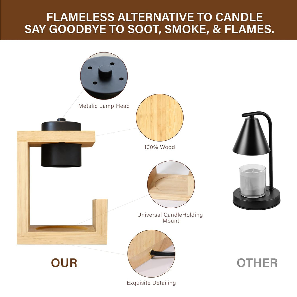 Candle Warmer Lamp, with 2 Bulbs,Timer & Dimmer,Simple Natural Wood,Compatible up to 4.5 Inch Candles,For Home Scented and Décor，110-120V (Wood)