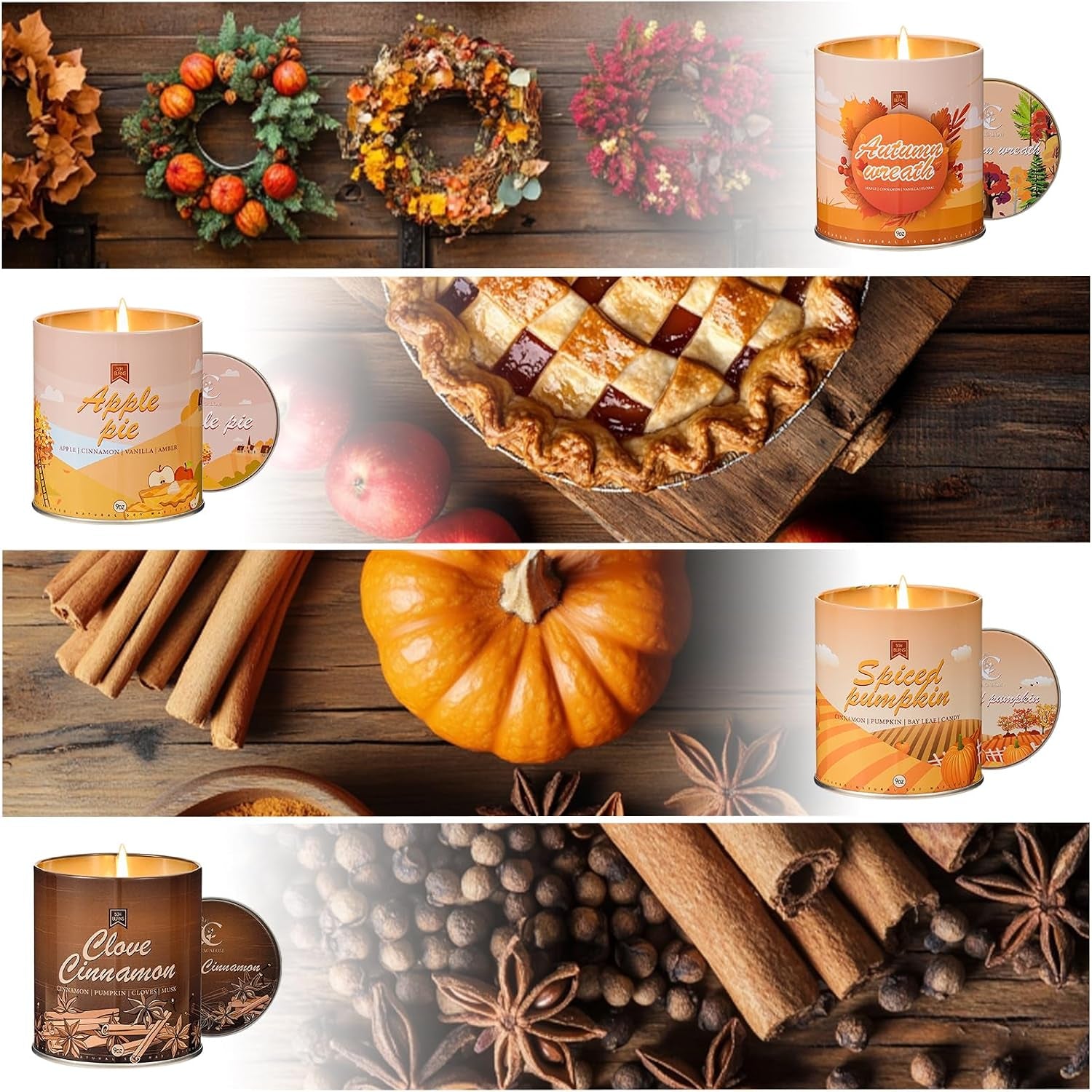 Scented Candle Set, 4Pack Aromatherapy Soy Wax Candles Valentine'S Day Gift for Her Him, Holiday Candles for Women Men (Apple/Wreath/Cinnamon/Pumpkin