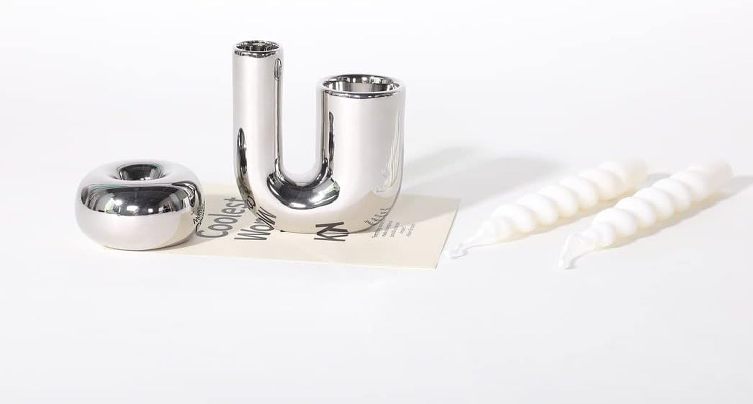 Silver Candlestick Holders, Decorative Taper Candle Holder Set Decor for Table Centerpiece Fireplace, Modern Silver Candle Holders Set, Aesthetic Ceramic Candle Stick Holder