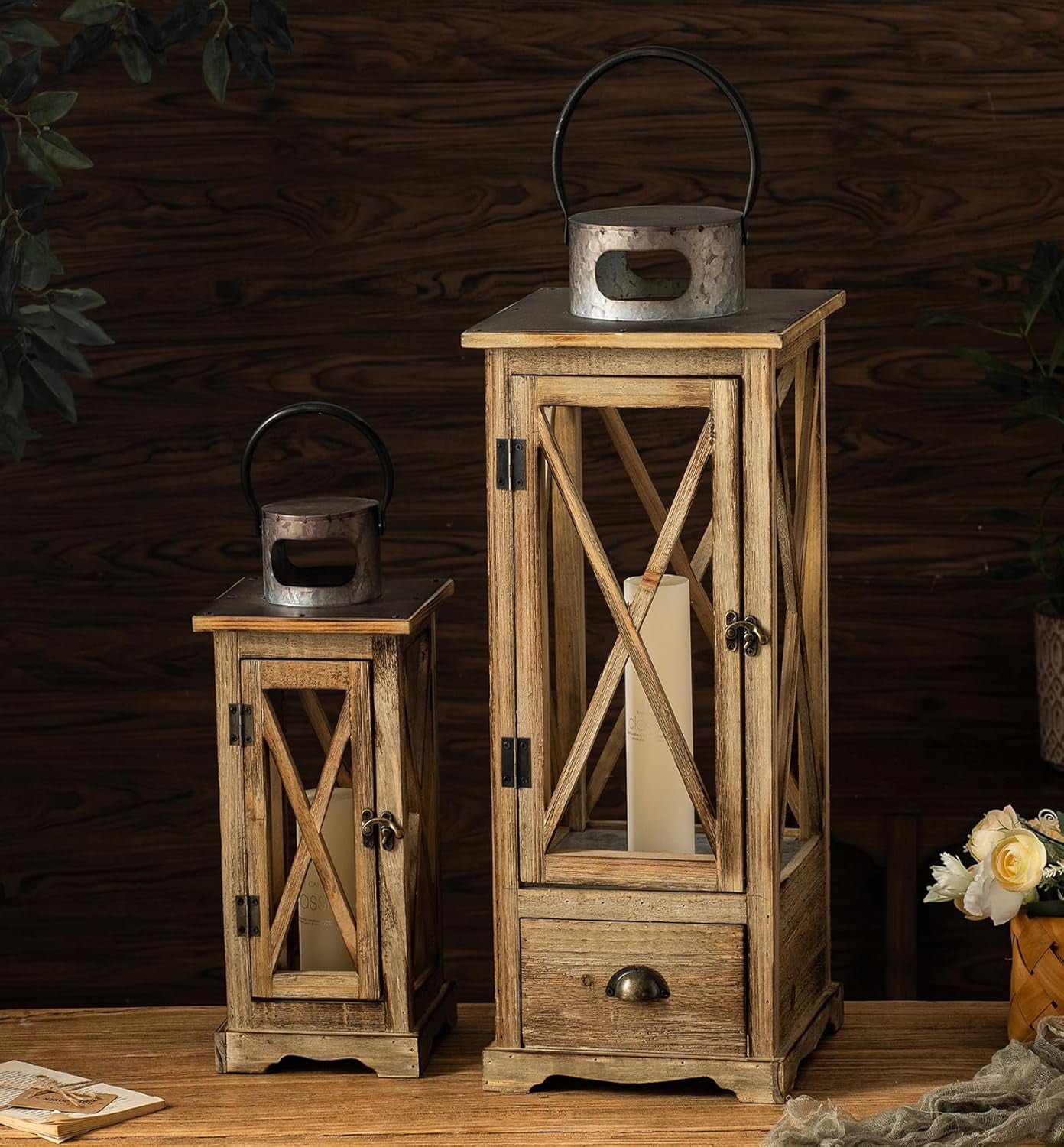 Large Farmhouse Wooden Candle Lantern Set of 2, Rustic Floor Candle Lanterns Wit