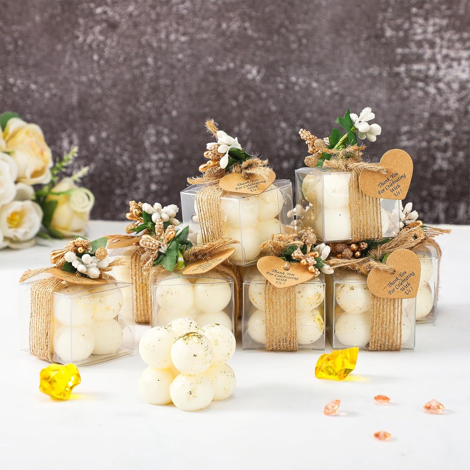 Mini Bubble Candles Wedding Favors Gifts for Guests 1.57" X 1.38" Bubble Candles with Cards Dried Flowers DIY Gift Set for Baptism Party Bridal Shower Thank You Gifts(Gold Foil,30 Sets)