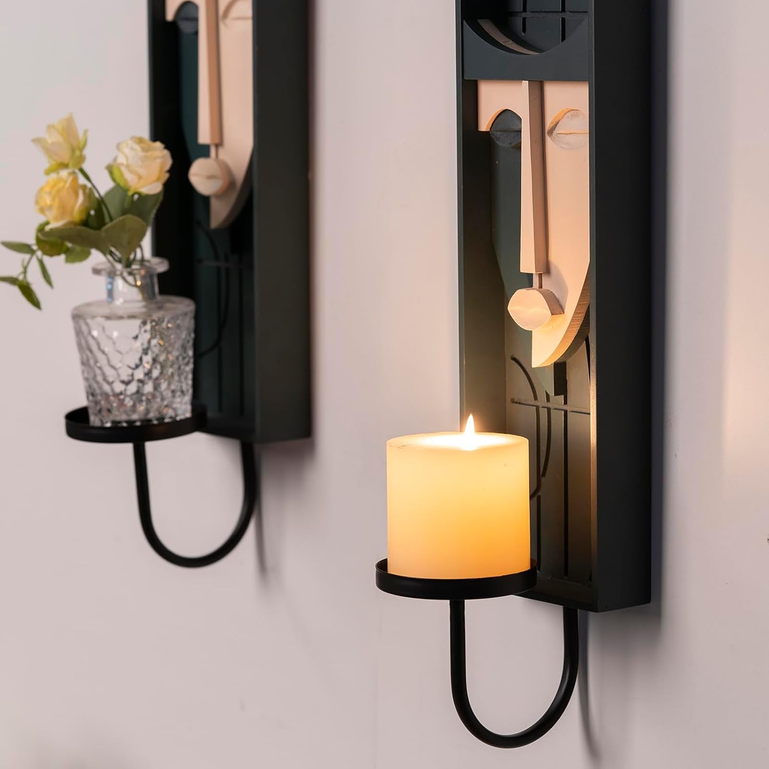 Set of 2 Boho Wall Decor, Modern Abstract Face Candle Sconces, Artistic Sculptural Design, 17.7 X 4.33 X 5.1 Inches, Blackish Green
