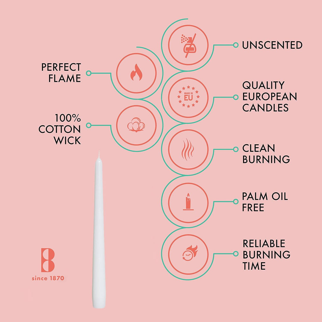 Unscented 10 Inch Dinner Candles, 10 Pack - 8 Hour European Quality Smokeless Dripless Taper Candles for Home Décor