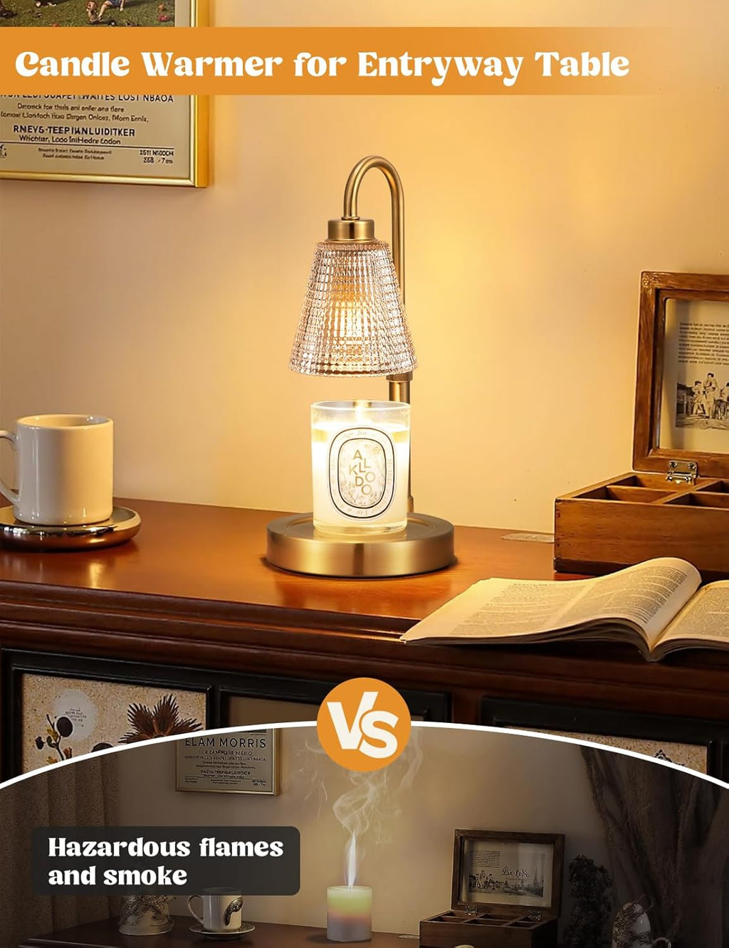 Big Gold Candle Warmer Lamp with Timer, Dimmable Candle Warmer for Home Decor, Height Adjustable Candle Lamp for Jar Candles, Birthday Gifts for Women Mom, House Warming Gifts New Home