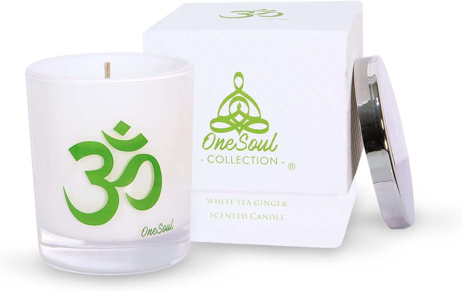 White Tea Ginger Aromatherapy Scented Candles, Luxury Spa Lemony Citrus Yoga Candles for Home Scented with Om Design, Hand-Poured Soy Candles, 50 Hours Burning Time, 7.6 Oz. -