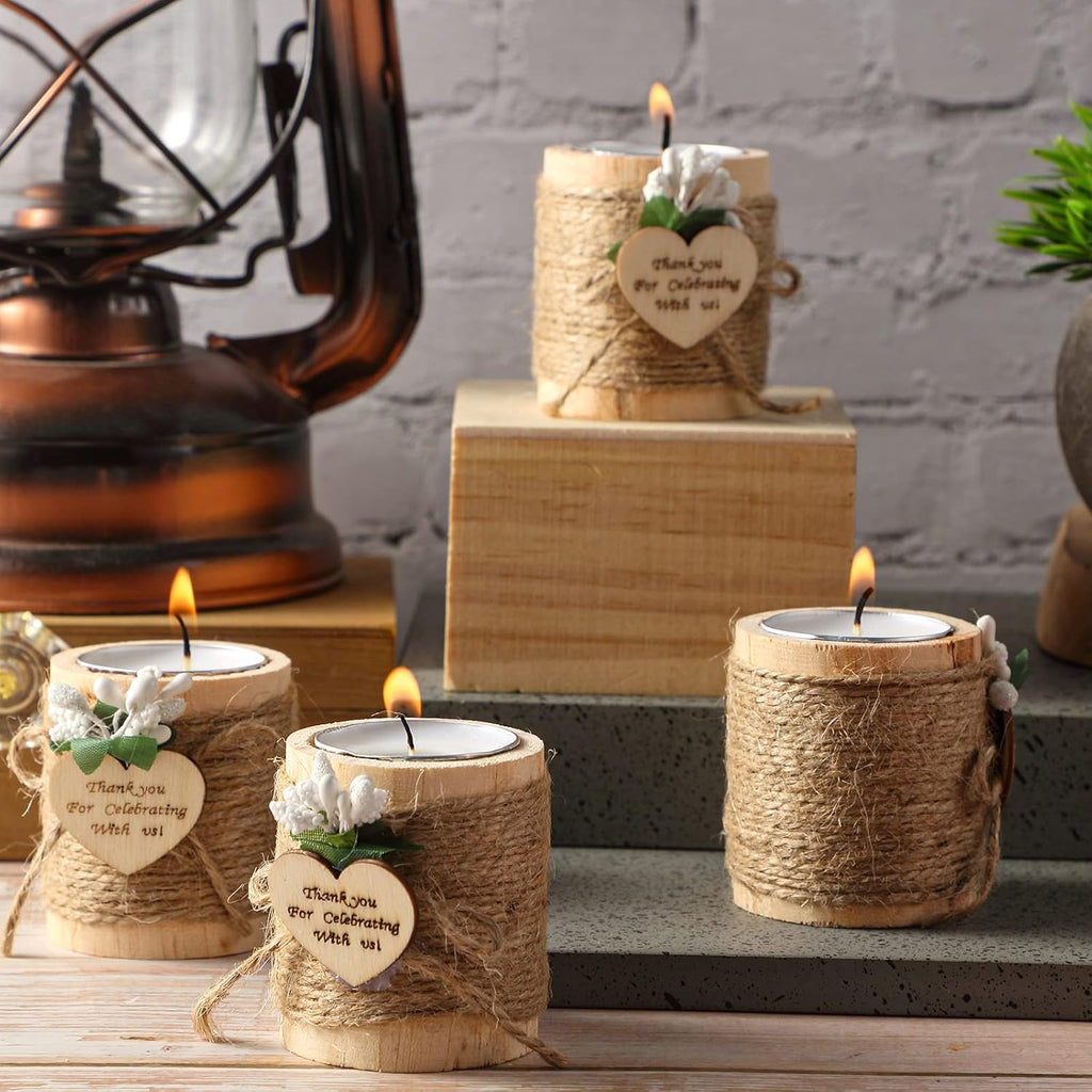 12 Pcs Wood Tealight Candle Holder Bridal Shower Tealight Holder Rustic Wooden Cylinder Candle Holders with Tea Lights Candles for Wedding Baby Shower Party Favors Gift(Natural Color)
