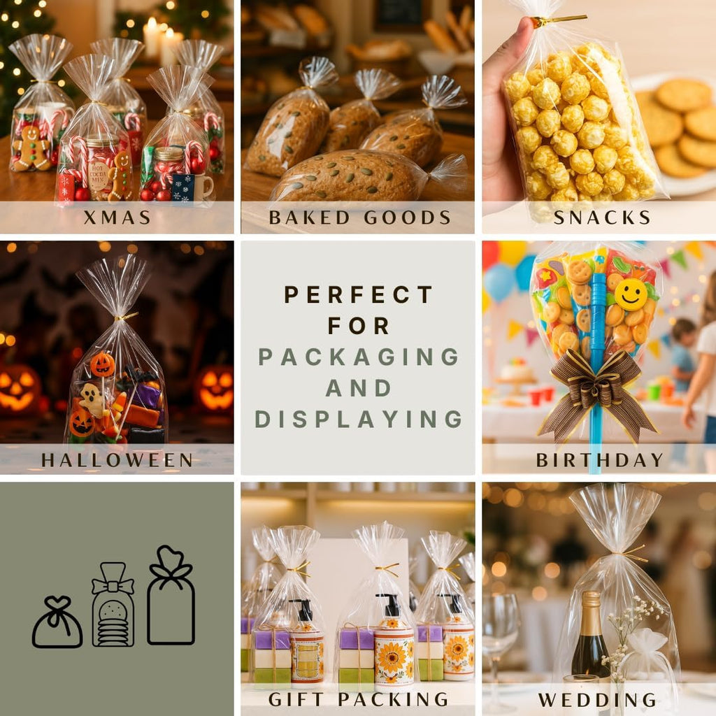 50 CT 12X16 Inches Large Clear Bottom Gusset Cellophane Gift Bags with 6" Gold Twist Ties, Cello Packaging for Baby Showers, and Wedding Gift Wrapping