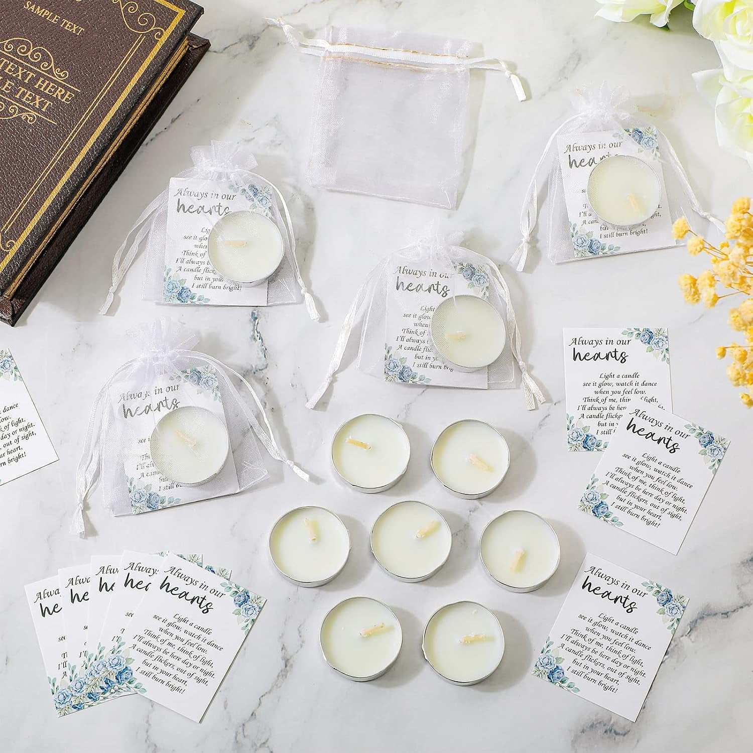 50 Set Funeral Party Favors Memorial White Candles Unscented Funeral Gifts Tealight Candles with Condolence Bereavement Cards and Organza Bags for Guest Celebration of Life Decorations (Elegant)