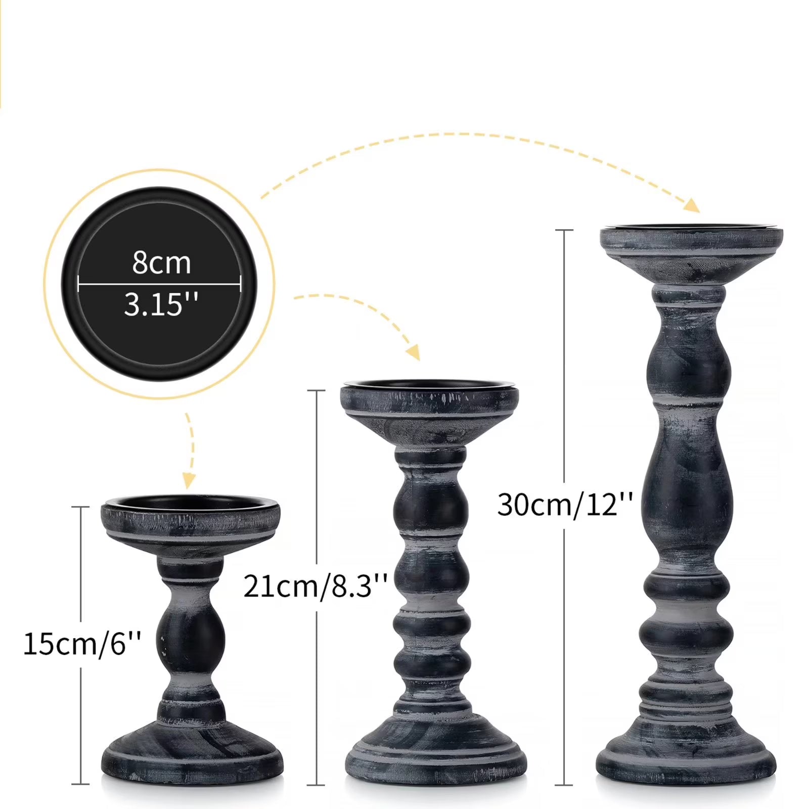Farmhouse Candle Holders for Pillar Candles， Rustic Wooden Pillar Candles Holder Set of 3 Tall Table Centerpiece Decor Fireplace Mantle（Black）