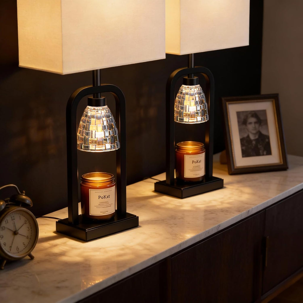 Electric Candle Warmer Lamps Gold, Lamp Candle Warmers with Timer Dimmer, Wax Light Warming Table Lamps Set of 2 for Jar Candles, Modern Bedside Lamp for Home Decor Living Room, Bulb Included