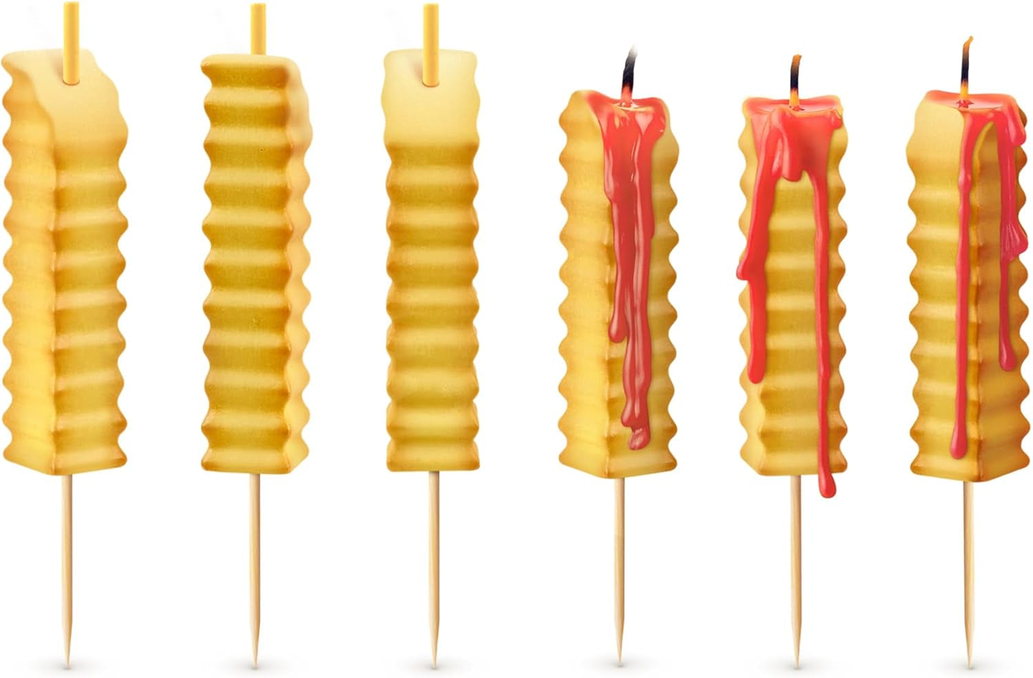 HOT and Crispy French Fry Party Candles, Set of 6, Ketchup Drip Melting Effect, Fun Birthday Cake Toppers and Food-Themed Celebration Decor