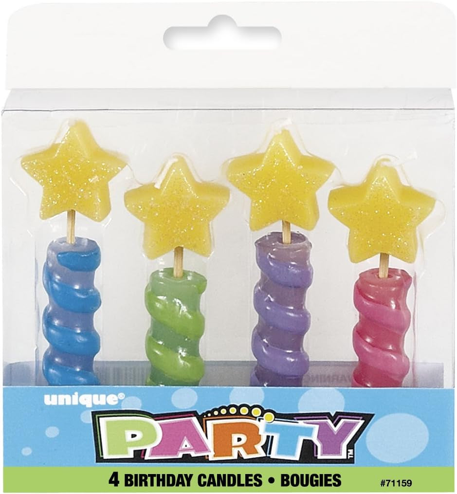 Star Top Birthday Candles (Pack of 4) - Assorted Wax Colors - Perfect for Birthdays, Anniversaries & Holidays