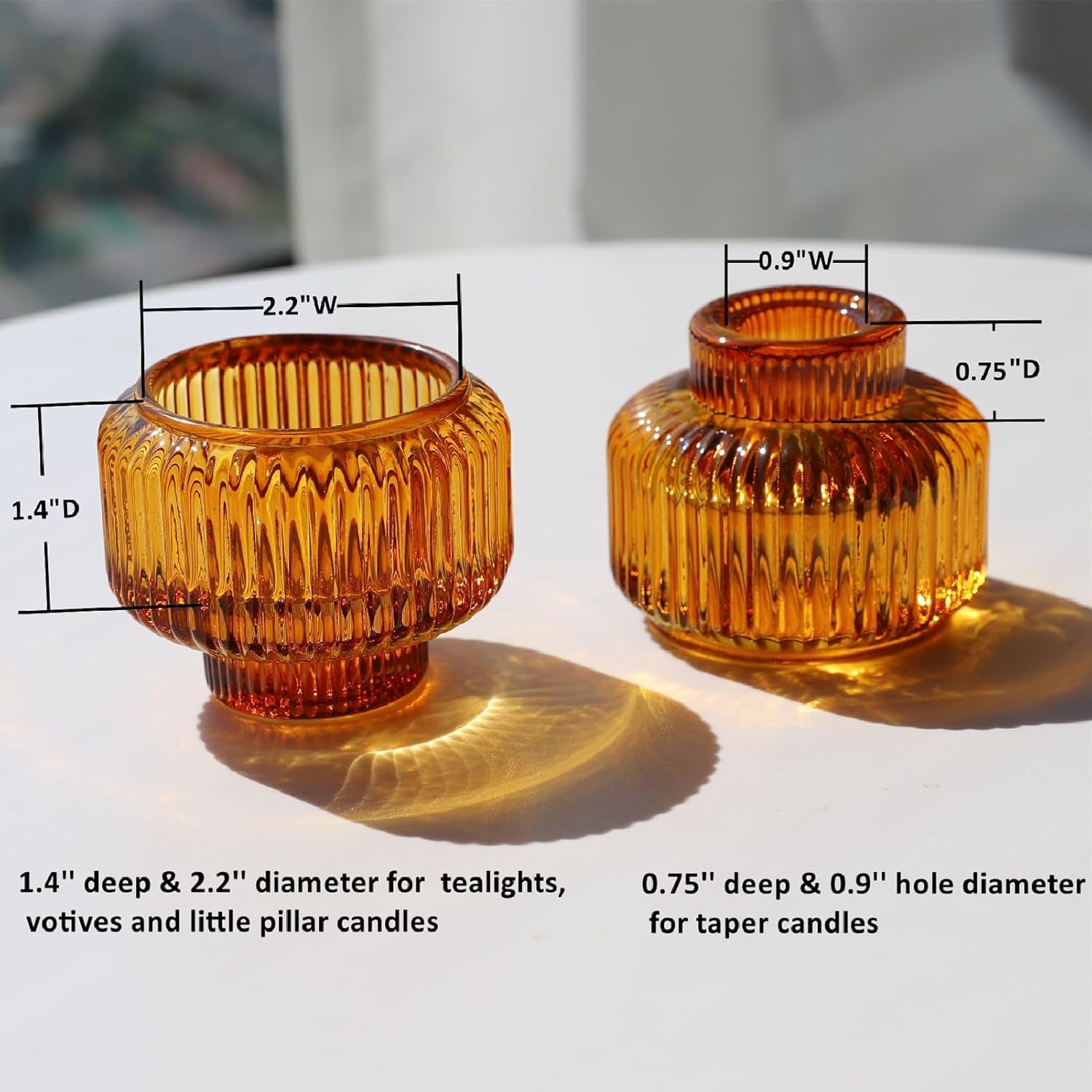 Candlestick Holders Set of 4, Amber Votive Candle Holders for Fall Wedding Table Centerpiece, Ribbed Glass Taper Candle Holders for Dinner Party Halloween Thanksgiving Decor