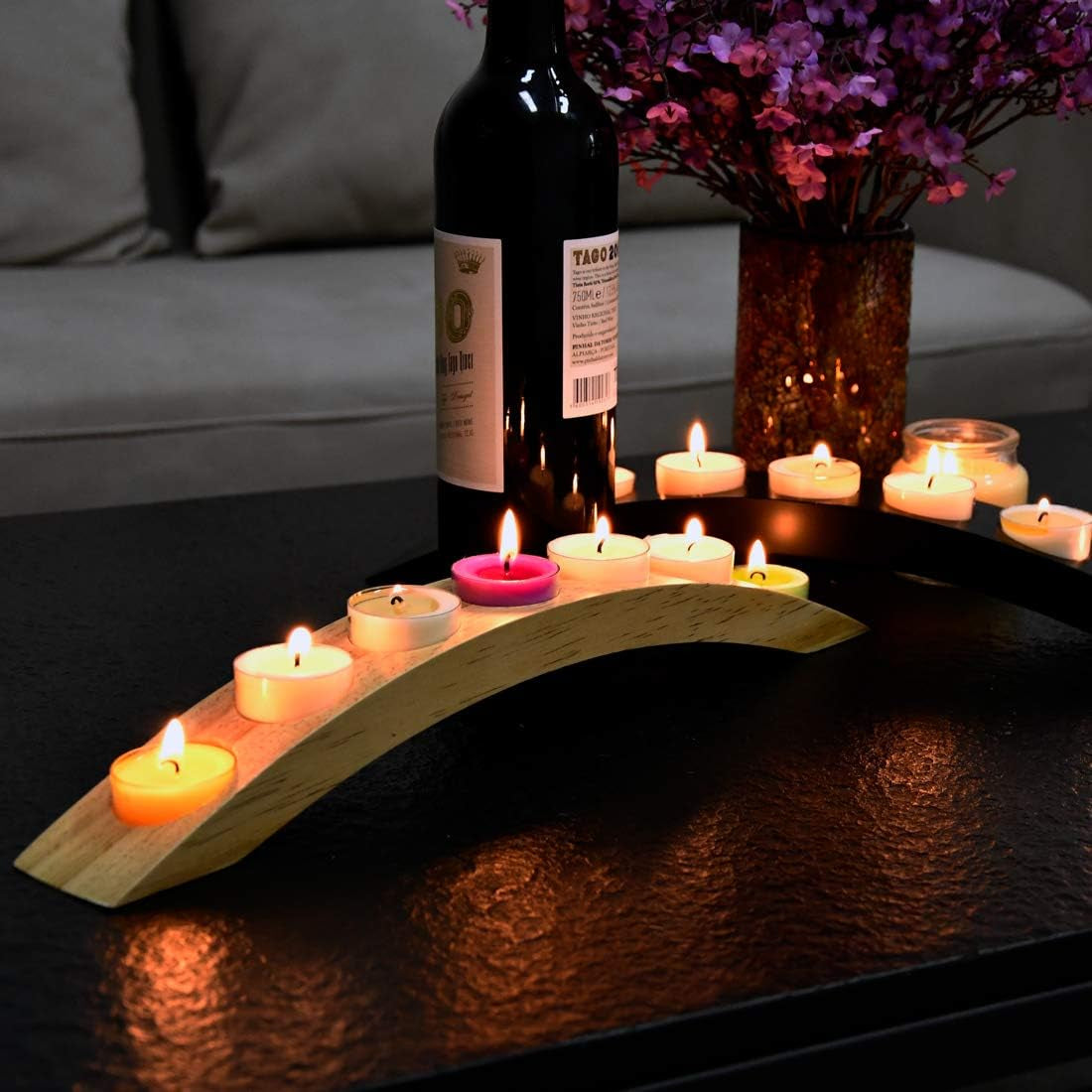 Wooden Bridge Candle Holders 15 Inch in Length, Long Tea Light Candle Holders Bar, 7 Candle Seat-Black