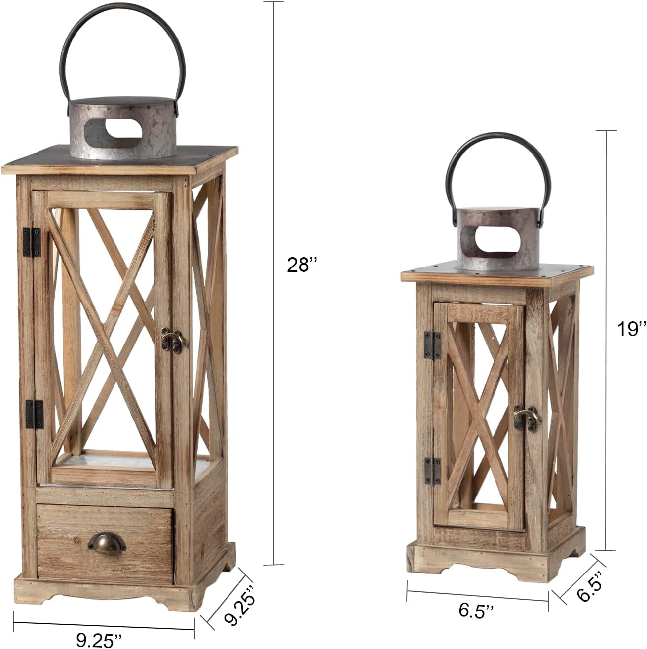 Large Farmhouse Wooden Candle Lantern Set of 2, Rustic Floor Candle Lanterns Wit