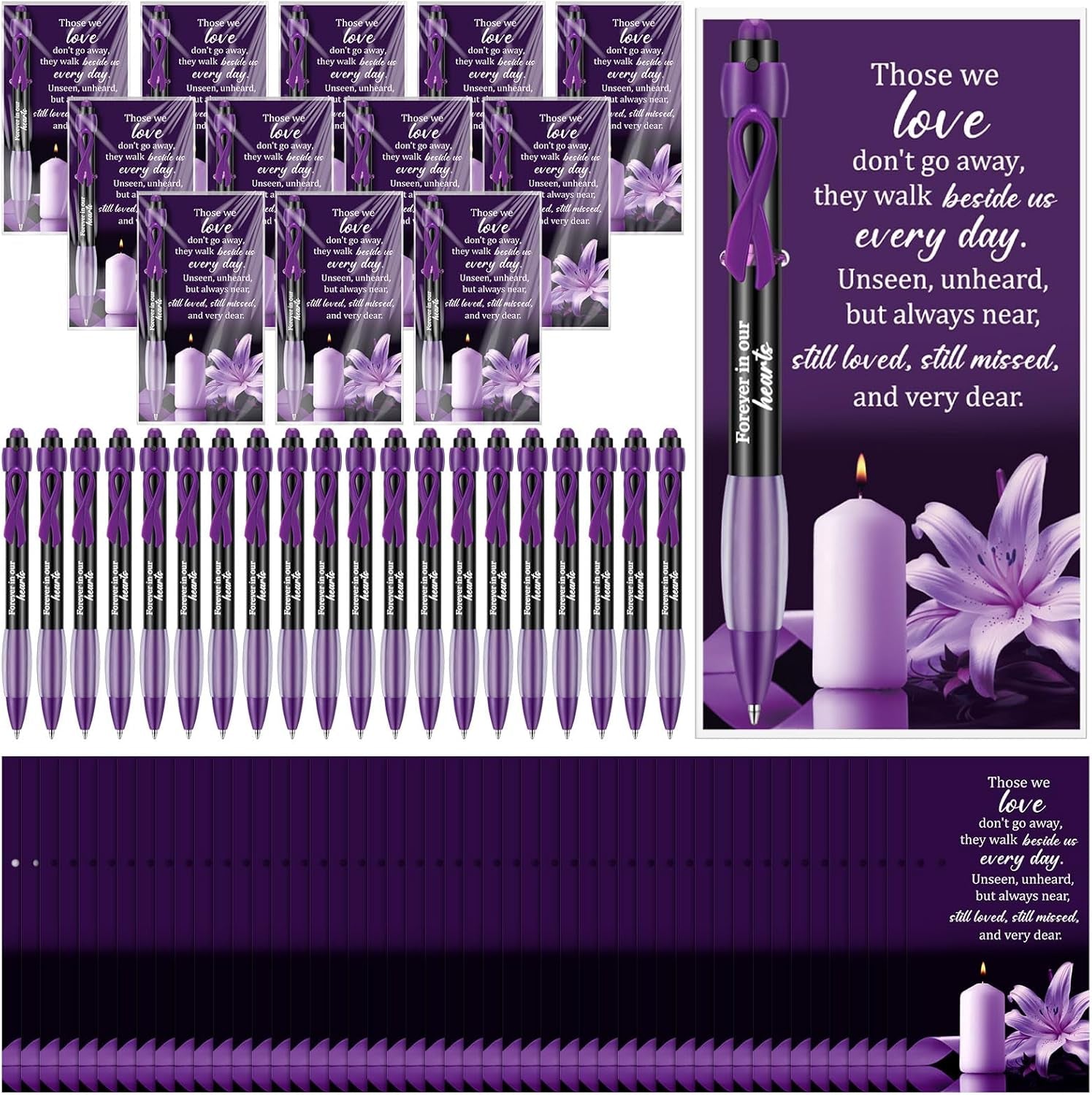 60 Set Memorial Funeral Favor for Guest Thank You Set - 60 Funeral Ballpoints and Prayer Cards, 100 Bags & Twist Ties, Sympathy Gift for a Memorial Service Purple Ribbon Awareness(Purple)