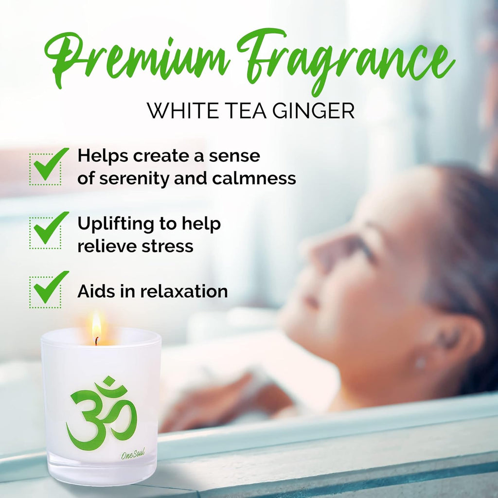 White Tea Ginger Aromatherapy Scented Candles, Luxury Spa Lemony Citrus Yoga Candles for Home Scented with Om Design, Hand-Poured Soy Candles, 50 Hours Burning Time, 7.6 Oz. -